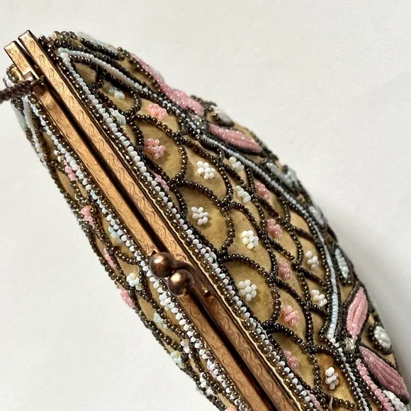 Vintage Beaded Purse Satin Evening Handbag 1940s 1950s Wedding Purse France - Picture 10 of 12